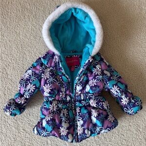 London Fog Girls Purple Floral Puffer Jacket with Turquoise Lining